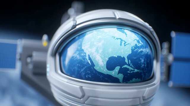 Astronaut helmet visor reflecting Earth ocean clouds space satellite with turbulent waves symbolizing exploration vastness detailed futuristic design
