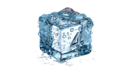 A dice with the number four encased in a block of ice, on black background