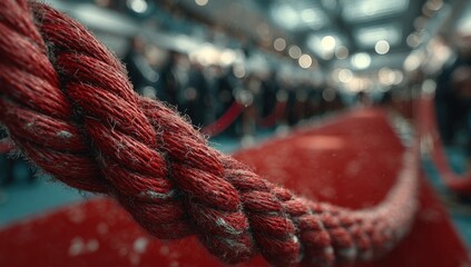 Close-up of a thick red braided rope bordering a luxurious red carpet event with blurry crowd