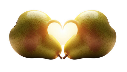 Two pears forming a heart shape with glowing center on black