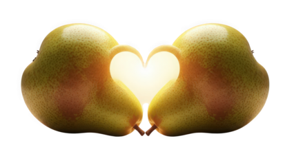 Two pears forming a heart shape with glowing center on black