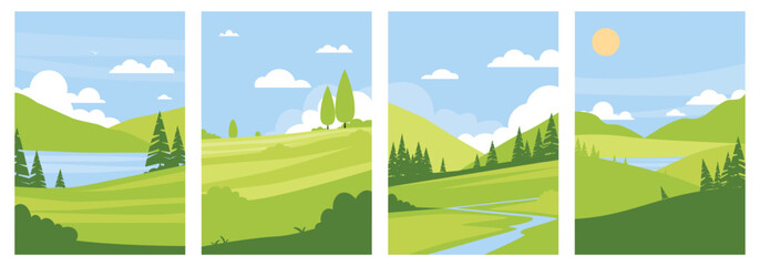 Green summer landscape cards. Flat nature backgrounds, nature scenery fields, hills, rivers and trees, agriculture countryside scene templates vertical banners, qualitative vector set