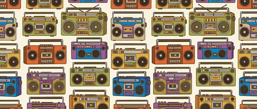 Retro Colorful Boombox Cassette Player Seamless Background Pattern