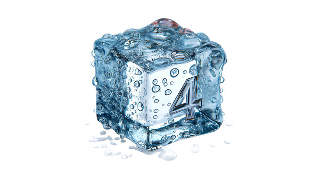 A dice with the number four encased in a block of ice, on black background