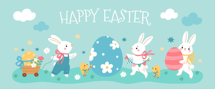 Happy easter poster. Horizontal banner with little rabbits, colorful eggs and cute chickens, spring flowers, cheerful spring holiday greeting for kids cartoon isolated garish vector concept