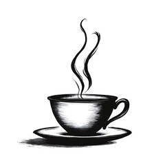 Hand drawn detailed sketch of steaming hot coffee cup and saucer in realistic black and white style