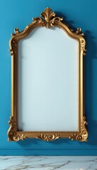 Empty ornate frame mockup, blue wall, minimalist decor, room, style, stylish