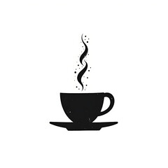 Silhouette of hot beverage in cup and saucer with rising steam dots in simple minimal style