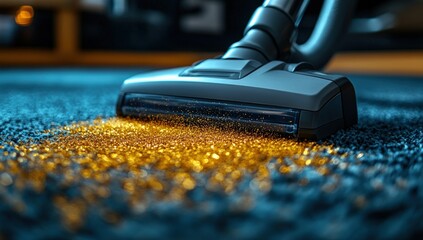 Vacuum cleaner head hovers over sparkling golden particles on a textured blue carpet