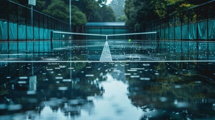 wide shot of empty tennis court during heavy rain, puddles forming