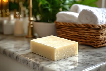 A creamy soap bar on a marble counter with rolled white towels and a plant in background