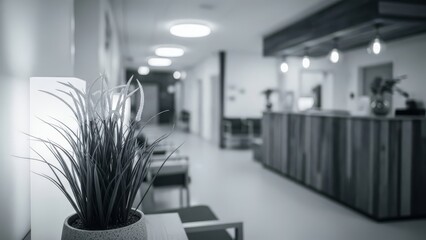 A serene office lobby with a potted plant in the foreground, conveying a sense of calmness and professionalism.