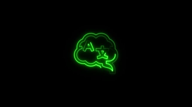 Green neon brain with language symbols on black background