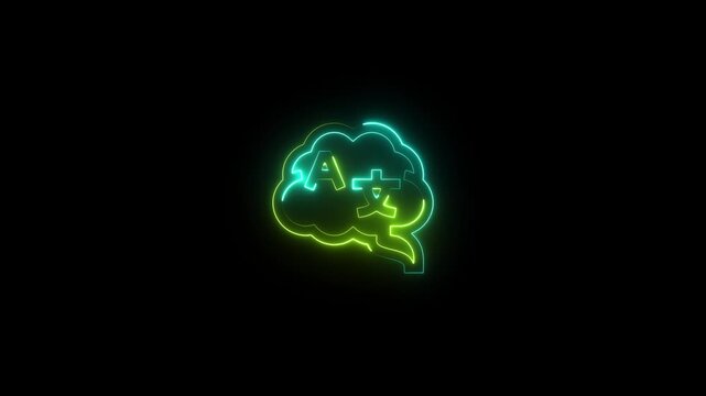 Cyan and yellow neon brain with language symbols on black background