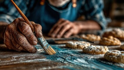 Wrinkled hands use brush to apply blue dust onto flour-dusted cookies on wood