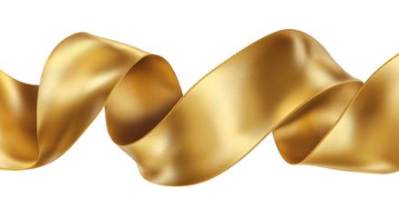 A flowing, lustrous golden ribbon twists against a stark black background