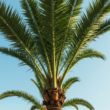 Vibrant green fronds of a mature tropical palm tree reaching towards the bright sunny sky, conveying lushness and warm exotic environment, peaceful, natural, tropical