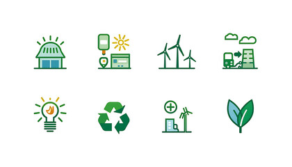 Collection of eight flat vector icons depicting various concepts of green energy sustainability recycling environment and natural resource conservation