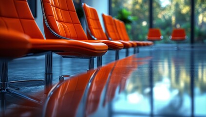 Row of modern orange waiting chairs with reflections on a polished floor in a bright room