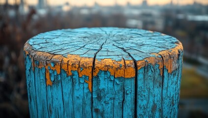 Rustic blue and yellow painted wood post with cracked top, peeling paint, city background