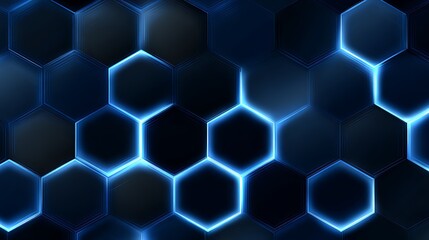 Glowing hexagonal tiles in shades of blue form a futuristic and abstract background