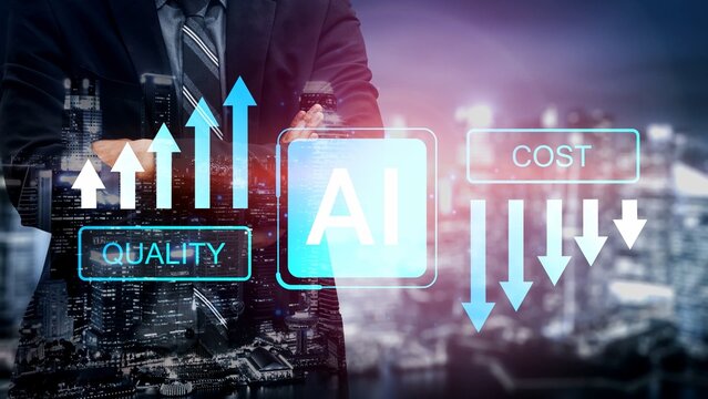Businessman Analyzing Artificial Intelligence Trends with Quality and Cost Metrics in Modern Cityscape Background for Technology and Finance Insights Gluon. - Powered by Adobe