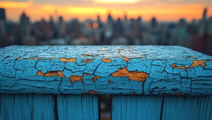 Aged blue wooden surface with cracked paint against a defocused city sunset backdrop