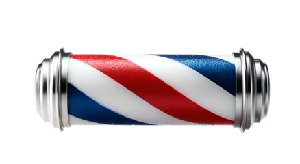 A close-up of a barber's pole with red, white, and blue spiraling stripes and silver accents