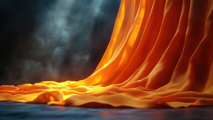 Vibrant orange fabric drapes dramatically with subtle ripples against a smoky dark background