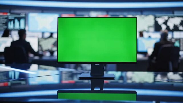 Green screen computer monitor on a desk in a modern office setting with employees working in the background