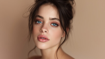 Close-up of a sensual woman with fresh, healthy skin, modern, natural makeup, radiant skin, beauty portrait, woman in close-up, flawless face, skincare, beauty editorial