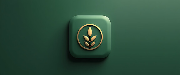 Dark green square icon with golden circle and stylized leaf branch representing nature growth and vitality