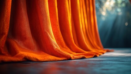 Vibrant orange velvet drapes cascade onto a dark floor, illuminated by dramatic stage lights