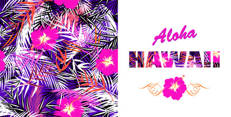 Fashion seamless violet wallpaper with tropical floral pattern and shirt print with Aloha Hawaii lettering and pink hibiscus © Eva105