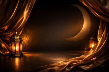 Illuminated lanterns and crescent moon