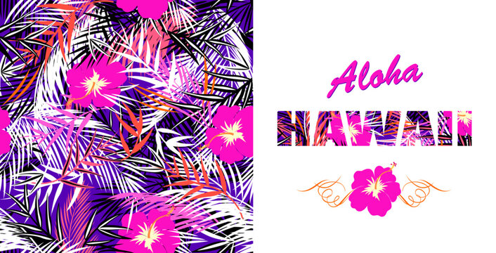 Fashion seamless violet wallpaper with tropical floral pattern and shirt print with Aloha Hawaii lettering and pink hibiscus