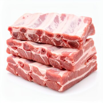 Stack of fresh pork ribs on a white background, offering a close-up culinary view