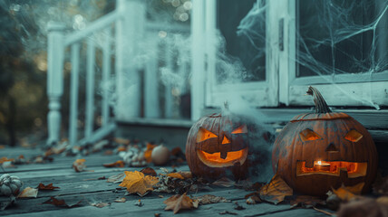 Halloween pumpkins lit with cobwebs and smoke in front of the house