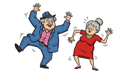 Joyful elderly couple dancing with excitement and happiness on a white background