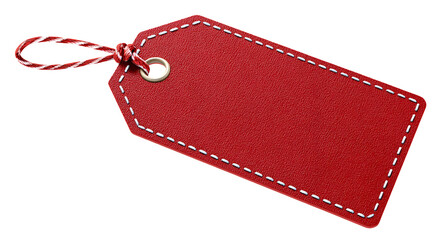 A red rectangular tag with white stitched edges and a twisted cord