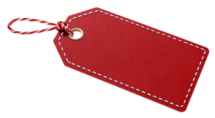 A red rectangular tag with white stitched edges and a twisted cord