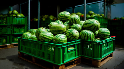 A large quantity of watermelons in green crates