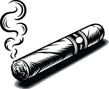 Lit Cigar Smoke Hand-Drawn Vintage Illustration.