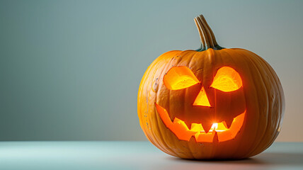 Close-up of a glowing carved pumpkin against a muted background with copy space