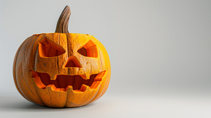 Halloween pumpkin with sharp teeth and glowing eyes on display on a wihte background with space for text
