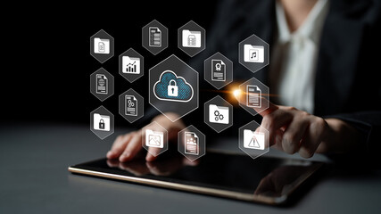 Visual representation of secure cloud computing featuring data protection icons above a tablet screen. Ideal for showcasing digital transformation and IT security solutions. Gantry