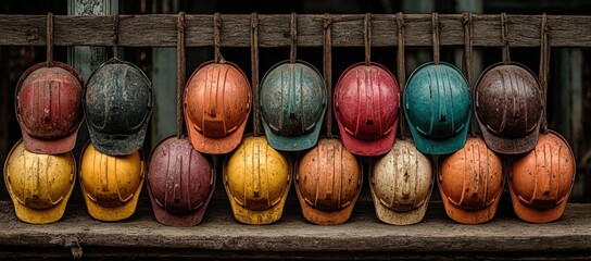 Colorful, worn hard hats hanging and resting on rustic wood, symbolizing labor safety