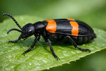 Naklejka premium Photorealistic 3D medical concept of mild contact dermatitis from blister beetle exposure: blister beetle near a small localized redness patch on human forearm skin