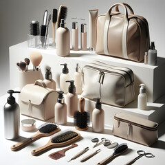 A curated collection of beige and silver cosmetic products brushes and travel bags on transparent background