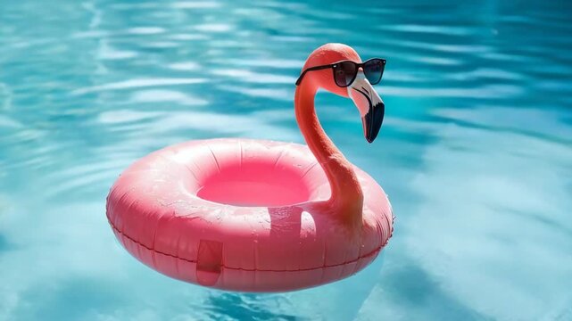 Pink inflatable flamingo with sunglasses floating in swimming pool